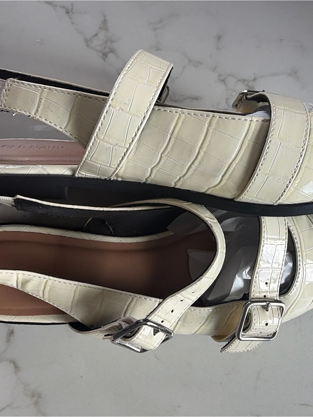 Old Navy Cream Croc-Embossed Pointed Slingback Flats with Dual Buckles